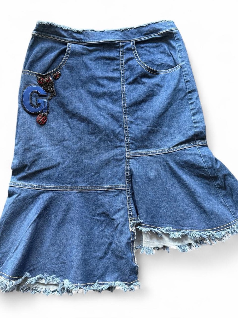 Blue Denim Circle‎ Skirt with Embroidered G Accent